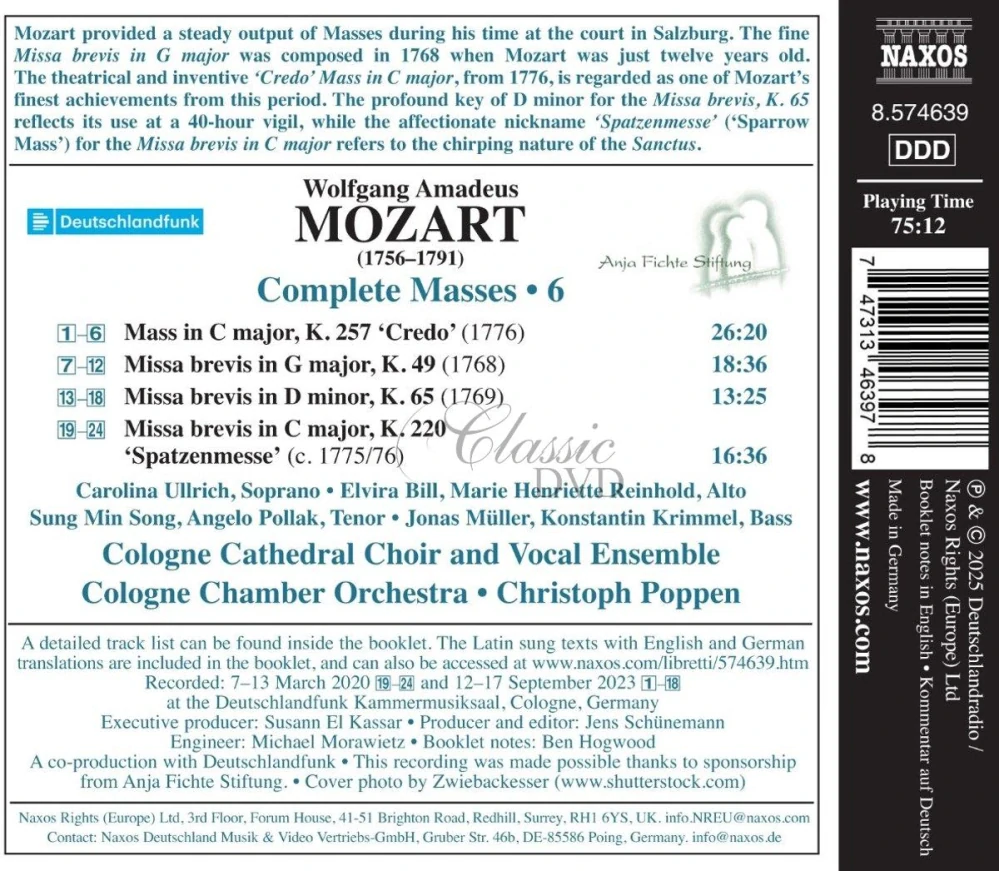 MOZART, W.A.: Masses Vol. 6 - K. 49, 65, 220, 257 (CD)