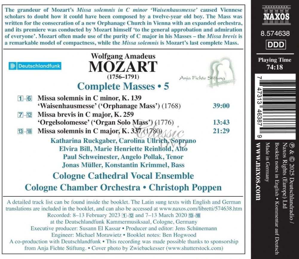MOZART, W.A.: Masses Vol. 5 - K. 139, 259, 337 (CD)