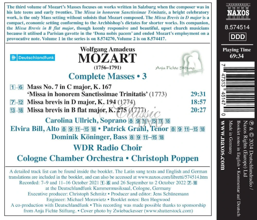 MOZART, W.A.: Masses Vol. 3 - Missa in honorem Sanctissimae Trinitatis K. 167, 194, 275 (CD)