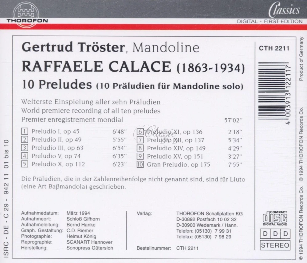 Raffaele Calace – 10 Preludes for Solo Mandolin (CD)