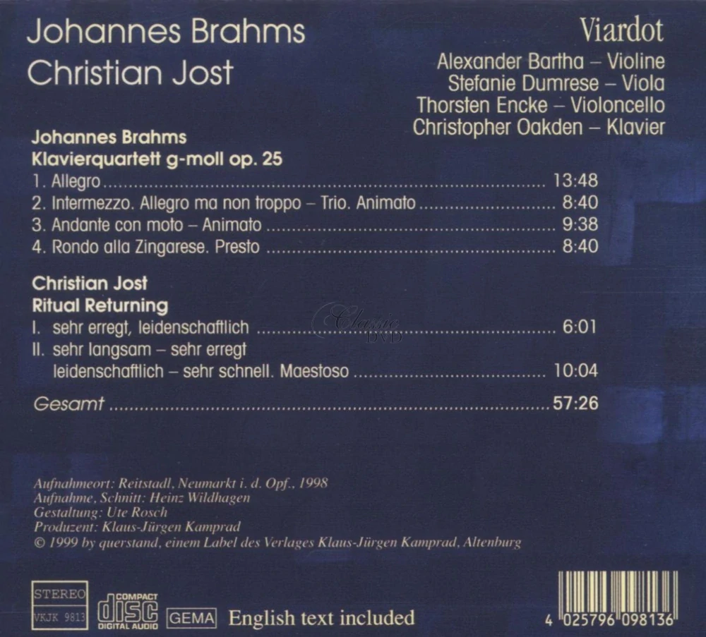 Johannes Brahms: Piano Quartet No. 1 in G Minor, Op. 25 / Christian Jost: Ritual Returning – Viardot (CD)