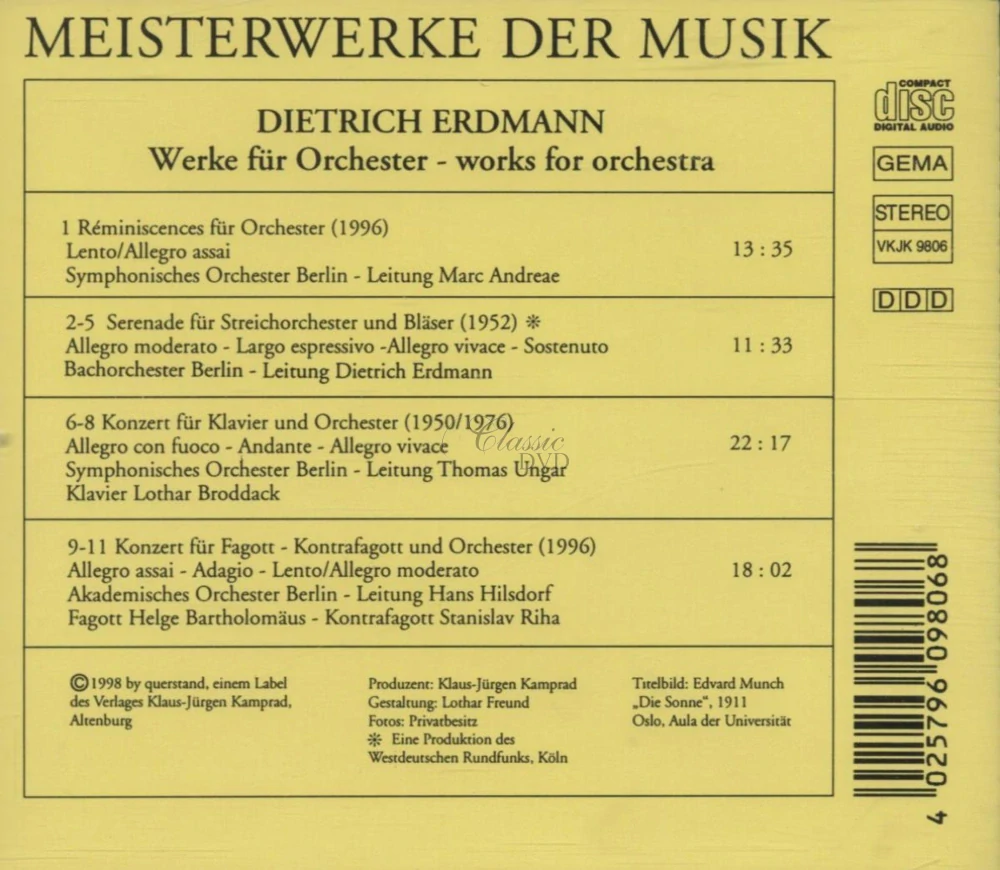 Dietrich Erdmann: Réminiscences – Works for Orchestra | Piano Concerto | Bassoon & Contrabassoon Concerto (CD)