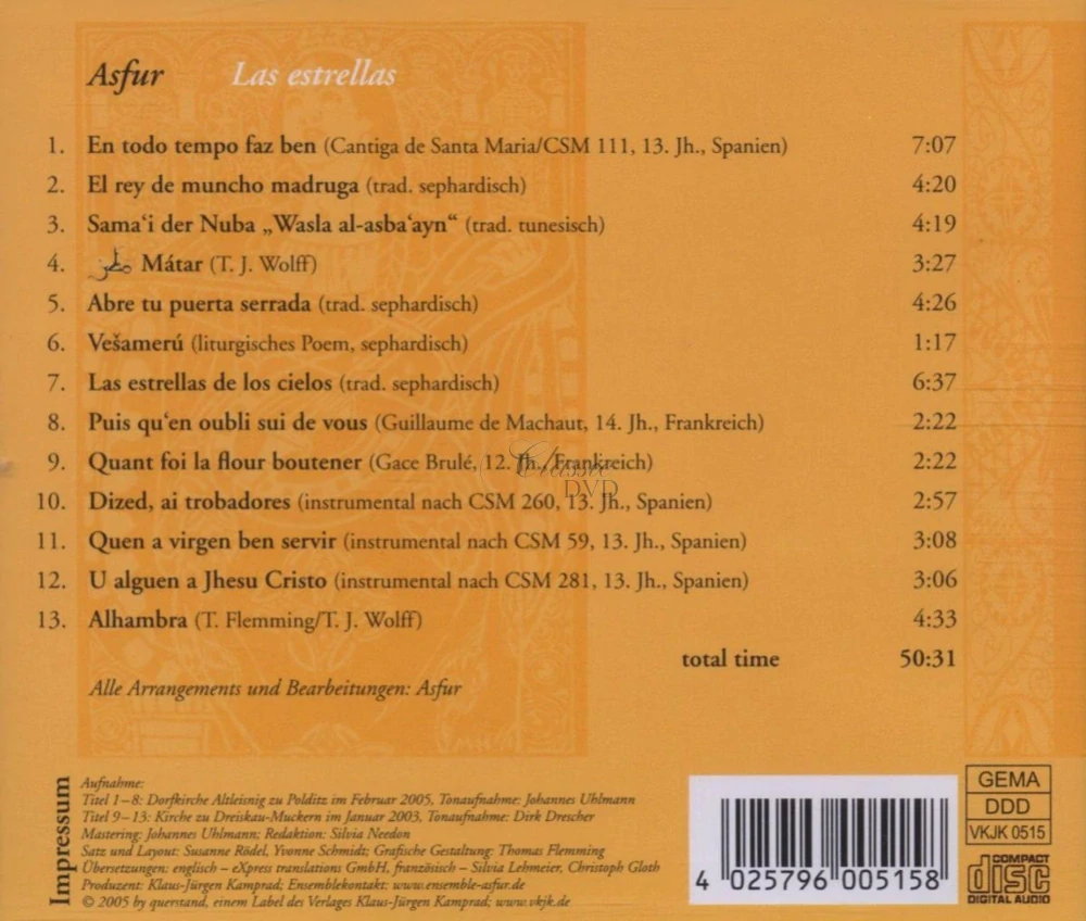 Asfur – Las Estrellas - Medieval, Sephardic & Early Music (CD)