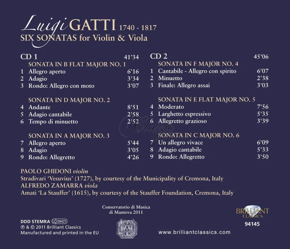 GATTI,L.: Six Sonatas for Violin & Viola (2CD)