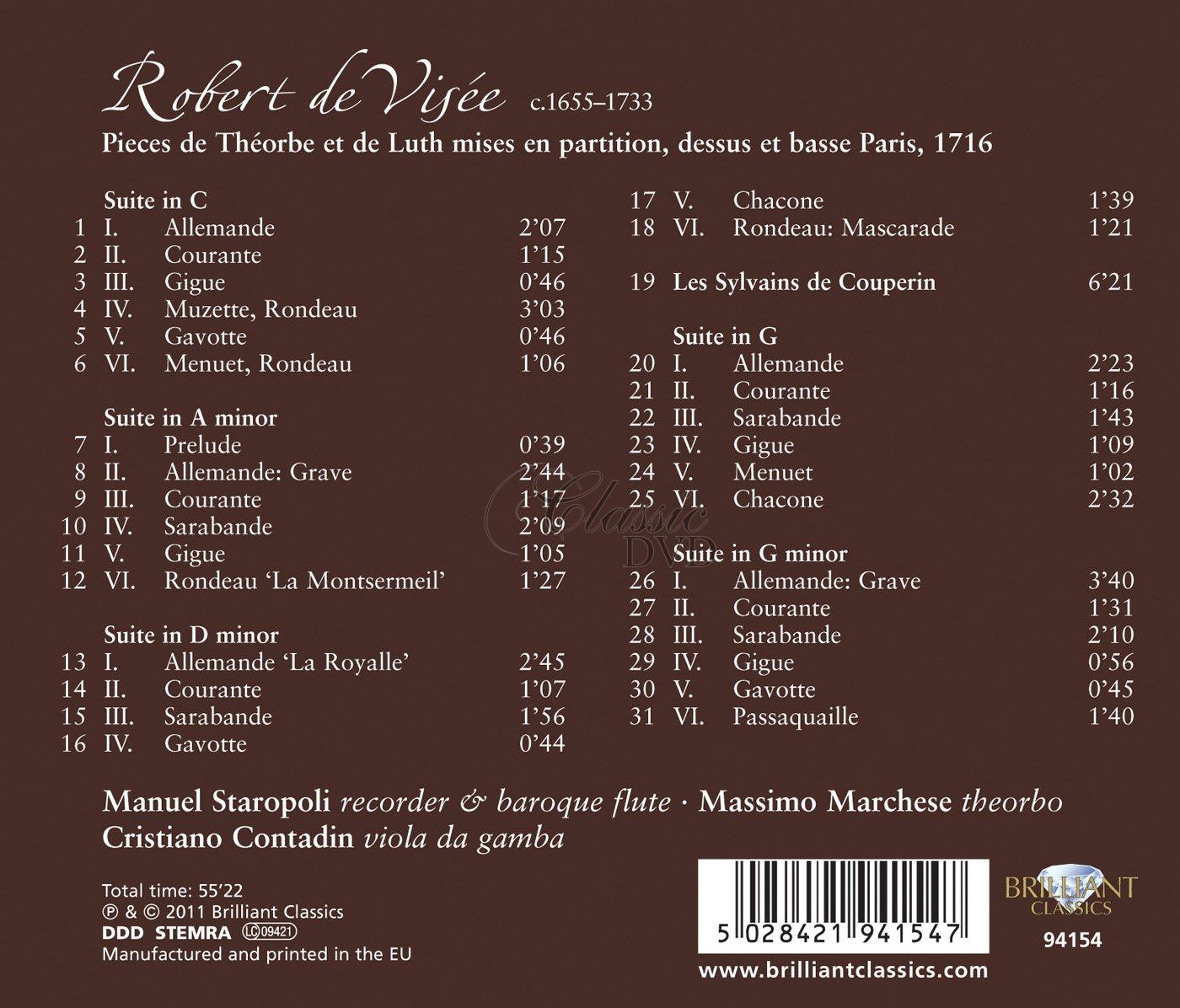 DE VISÉ,R.: Pièces de théorbe et de luth mises en partition dessus et basses (CD)