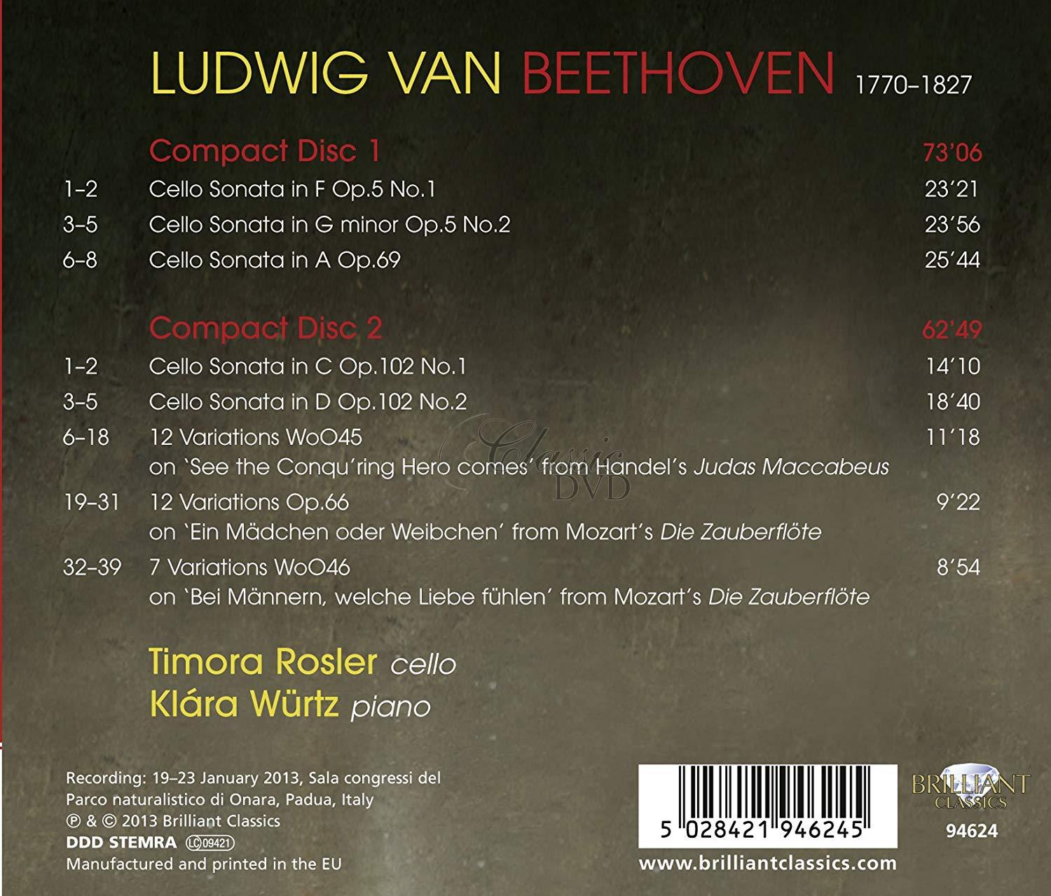 Beethoven: Cello Sonatas and Variations. Timora Rosler cello. Klára Würtz piano (2CD)