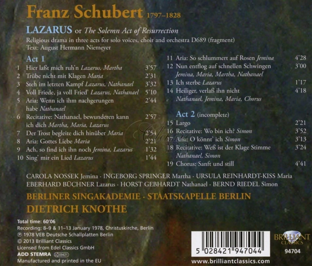 Schubert - Lazarus or The Solemn Act of Resurrection Religious drama in three acts for solo voices, choir and orchestra D689 (CD)