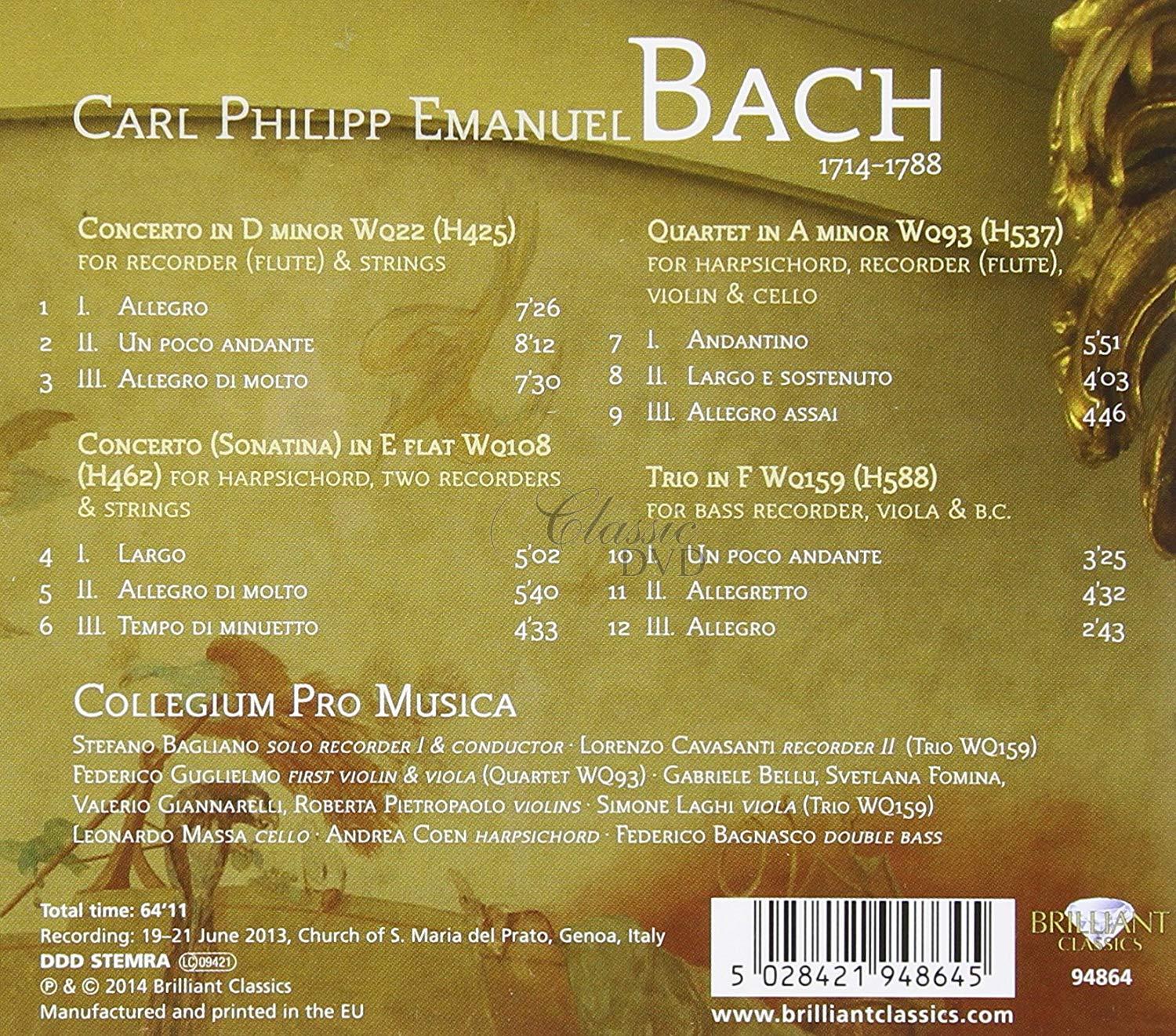 C.P.E. BACH: Recorder Concertos and Chamber Music; Collegium Pro Musica, Stefano Bagliano (CD)