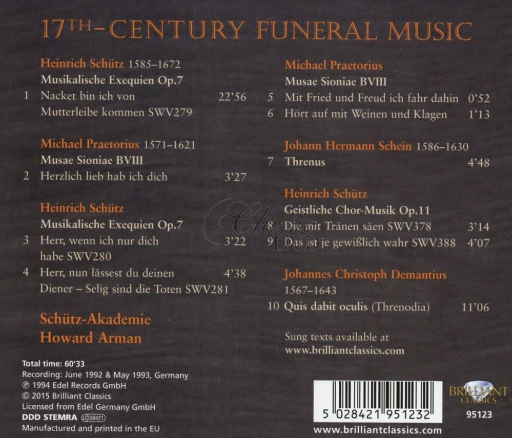SCHUTZ, PRAETORIUS, SCHEIN: 17th Century Funeral Music (CD)