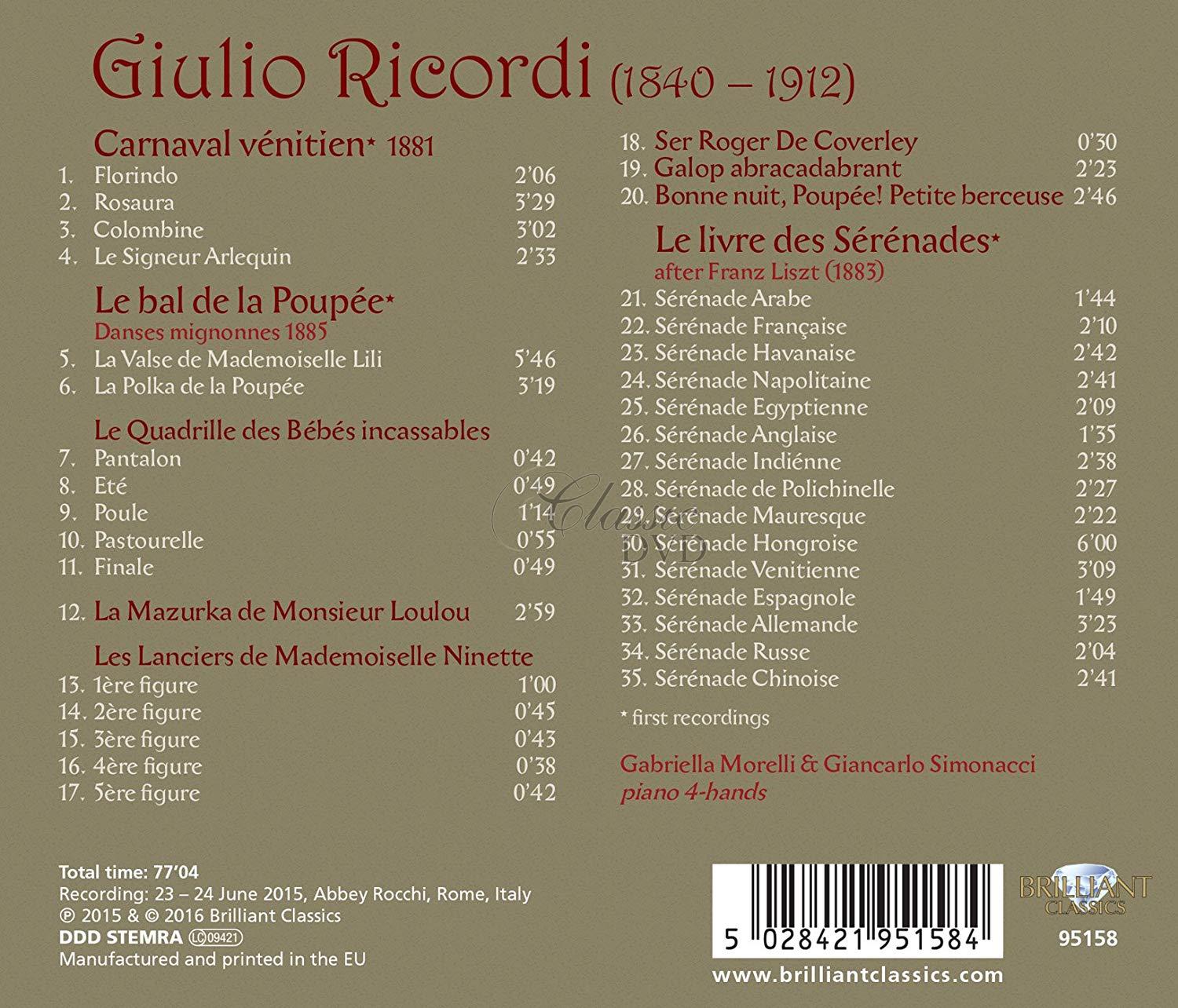 RICORDI: Carnaval Vénitien - Music For Piano 4 Hands (CD)