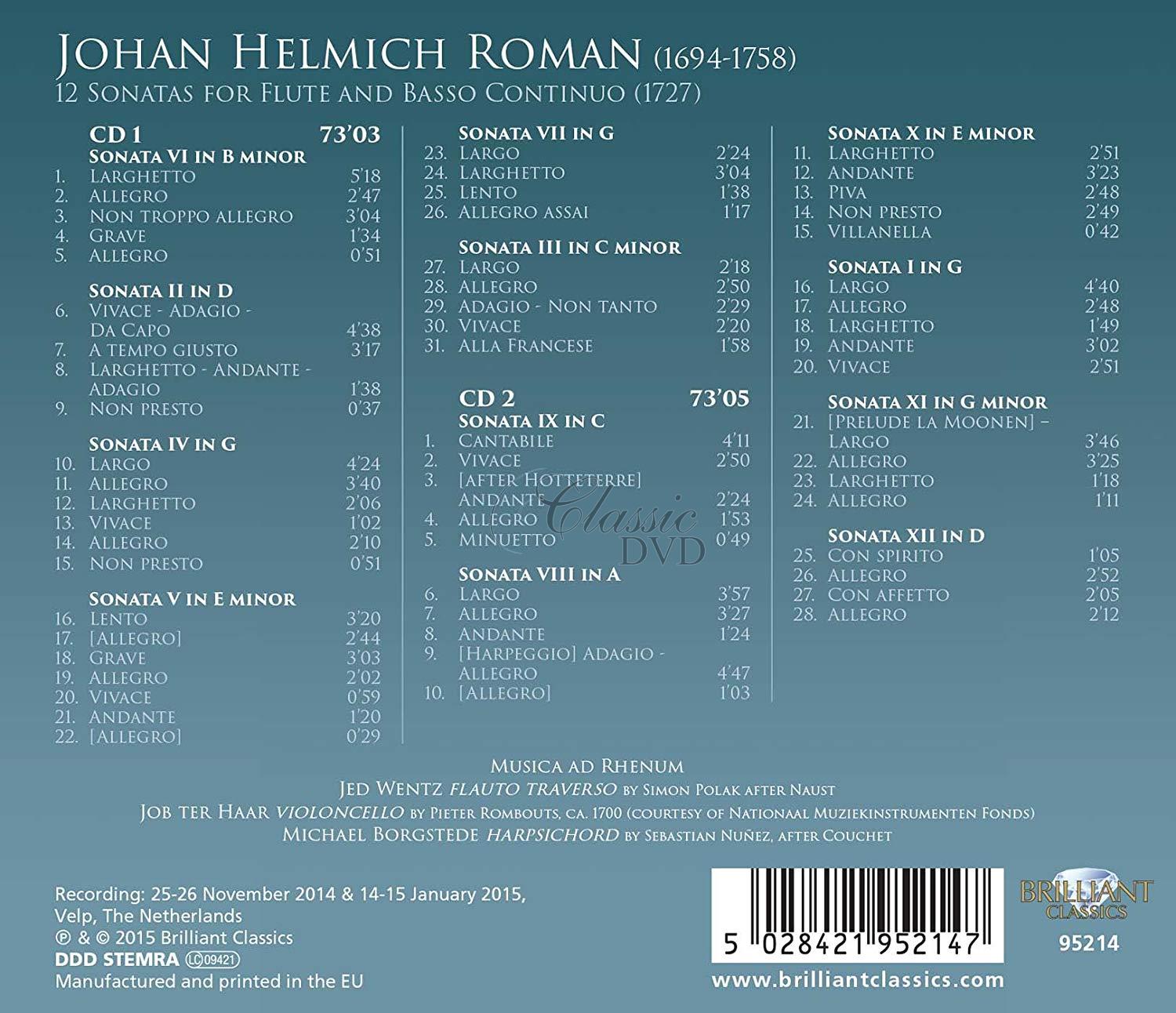 J.H. ROMAN: 12 Sonatas for Flute and B.c.; Musica ad Rhenum, Jed Wentz  (2CD)
