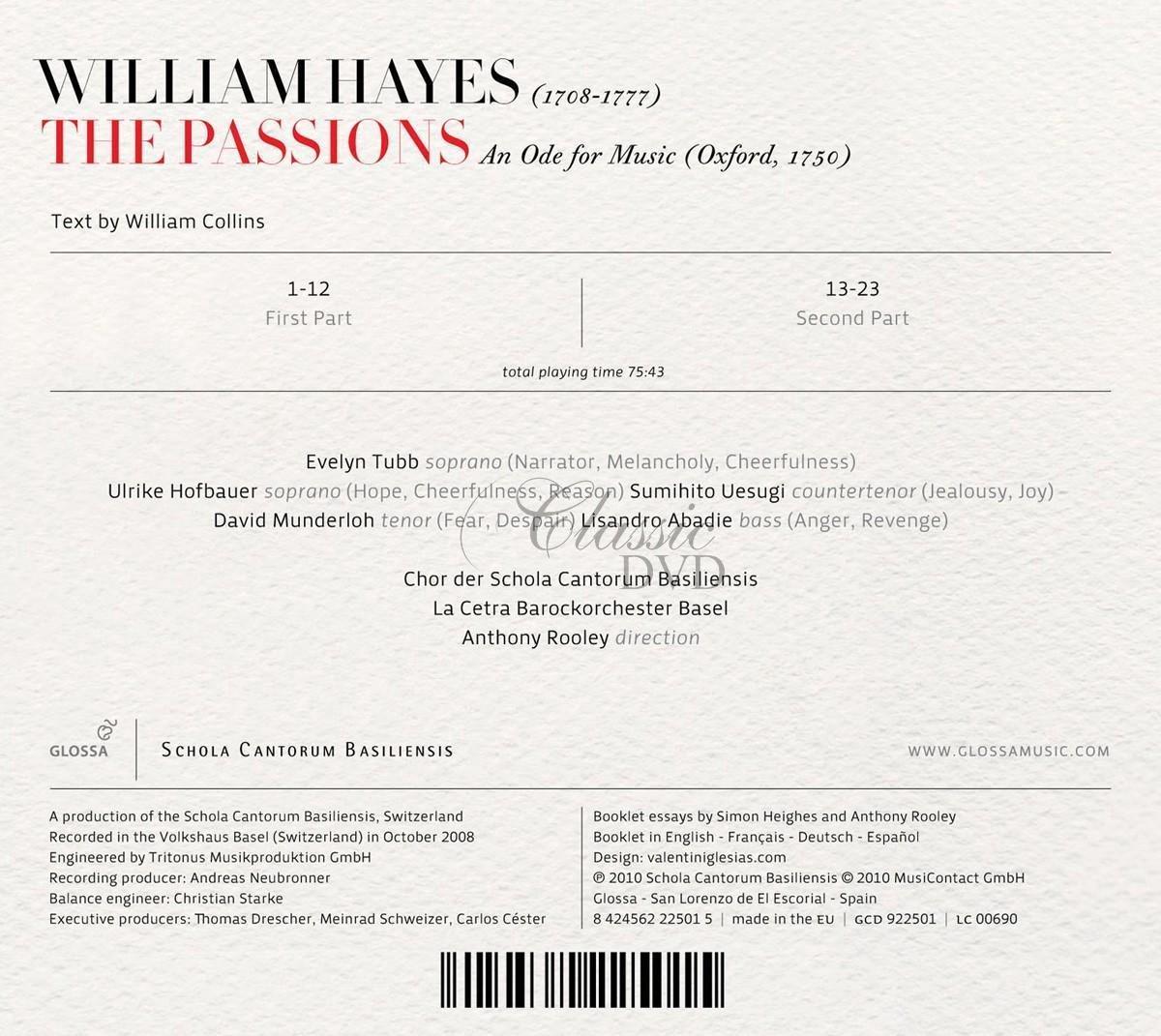 HAYES,W.: The Passions, An Ode for Music (CD)