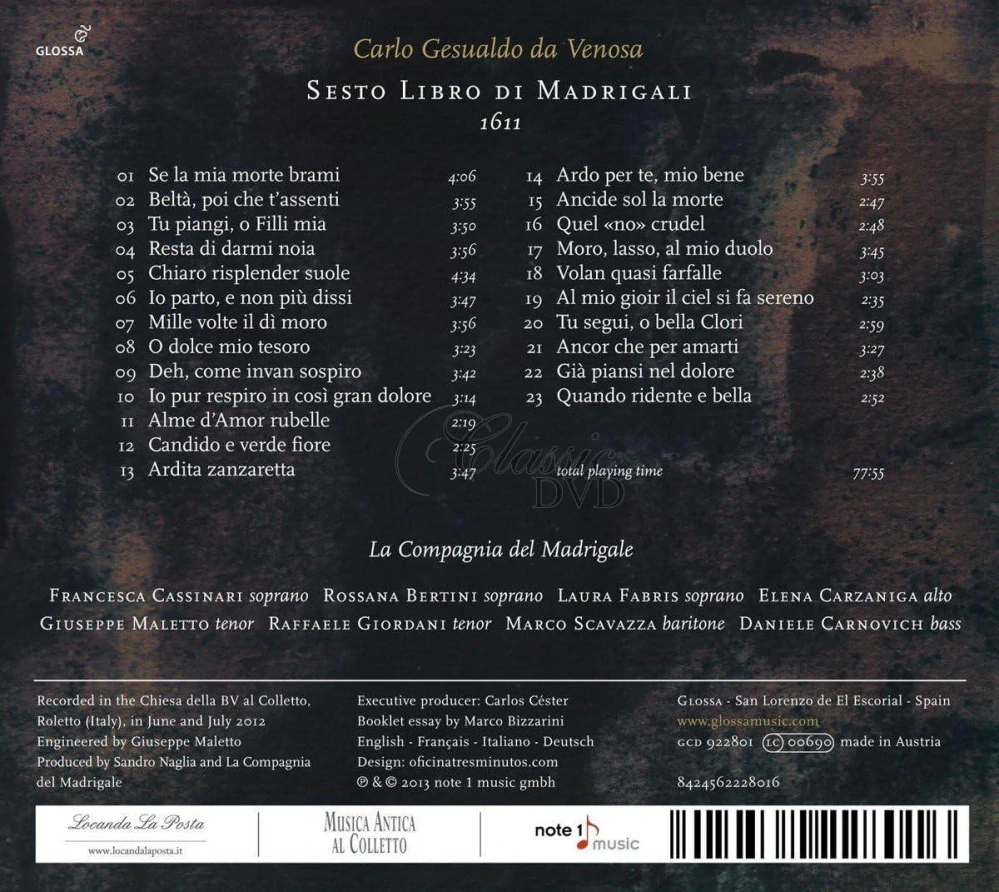 GESUALDO,C.: Sixth Book Of Magrigals, 1611 / Madrigali Libro 6 (CD)