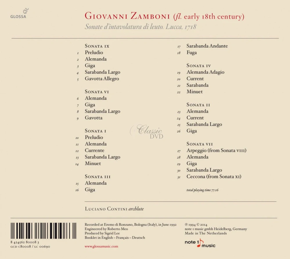 Giovanni Zamboni SONATAS FOR LUTE, 1718 (CD)