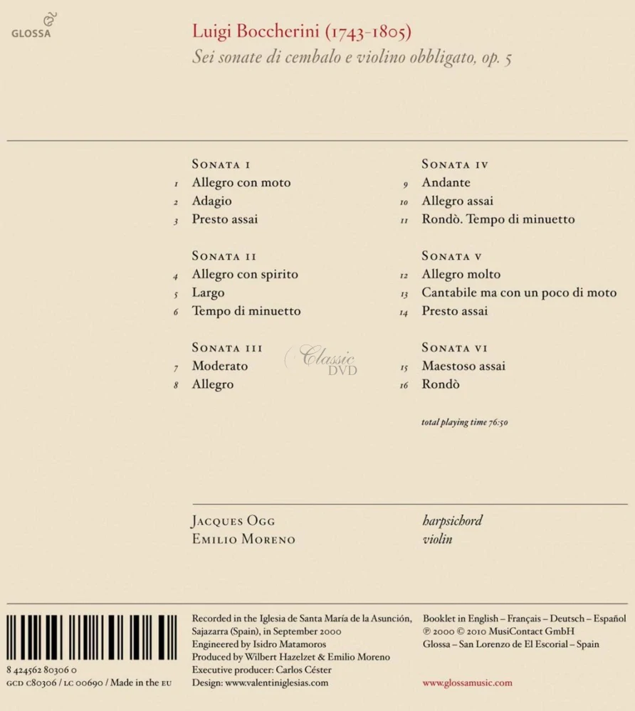BOCCHERINI,L.: Sei sonate di cembalo e violino obbligato, op. 5 (CD)