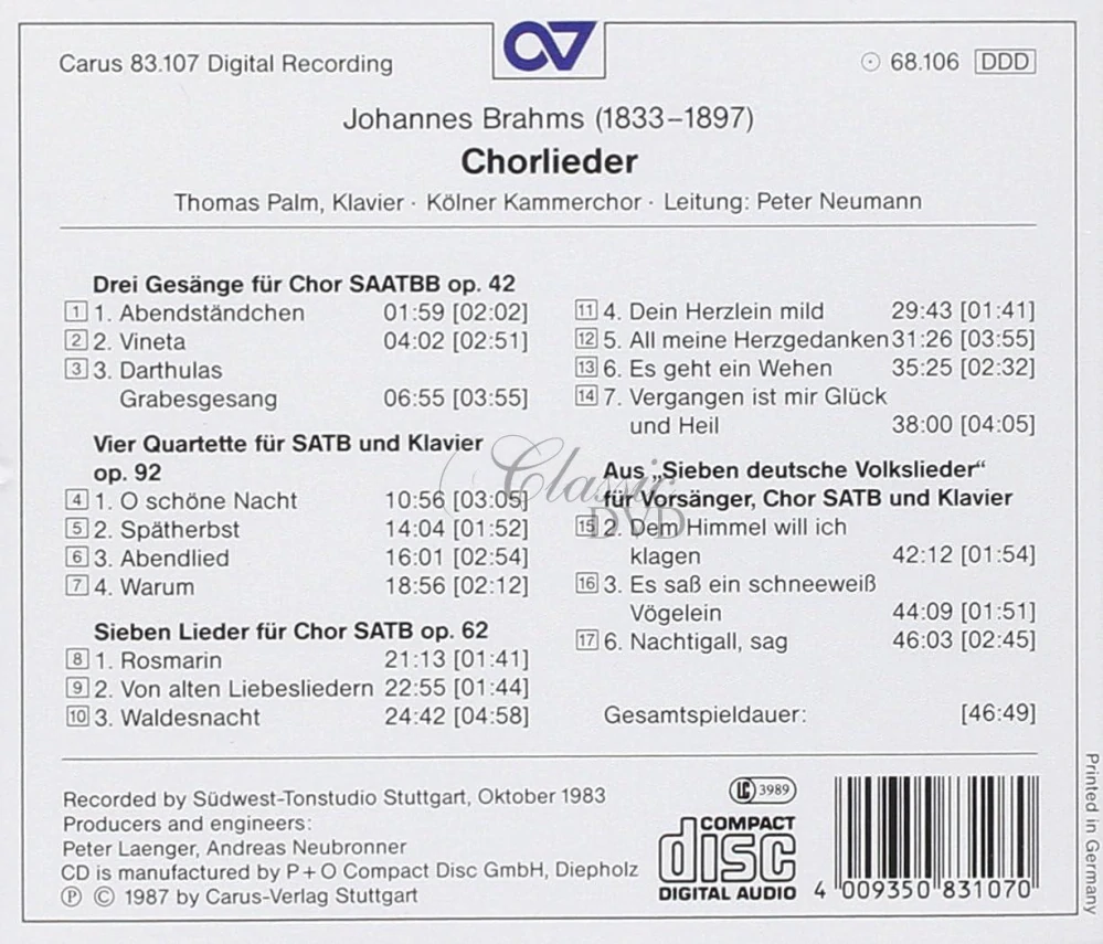 BRAHMS,J.: Chorlieder - Choral Songs (CD)