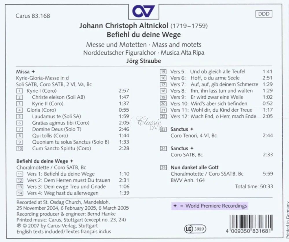 Johann Christoph Altnikol - Befiehl du deine Wege: Mass & Motets (CD)