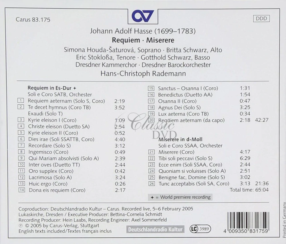 Johann Adolph Hasse.: Requiem in Es-Dur; Miserere in d-Moll (CD)