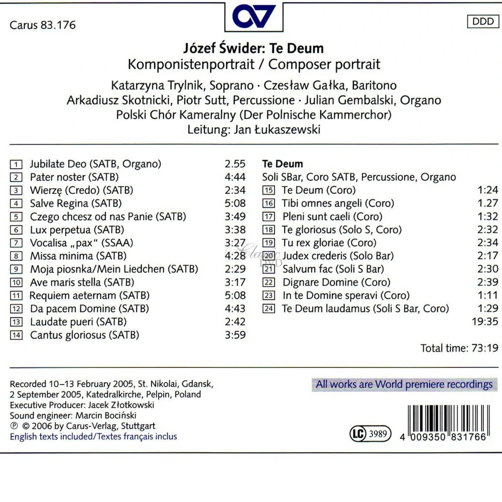 SWIDER,J.: Te Deum (CD)