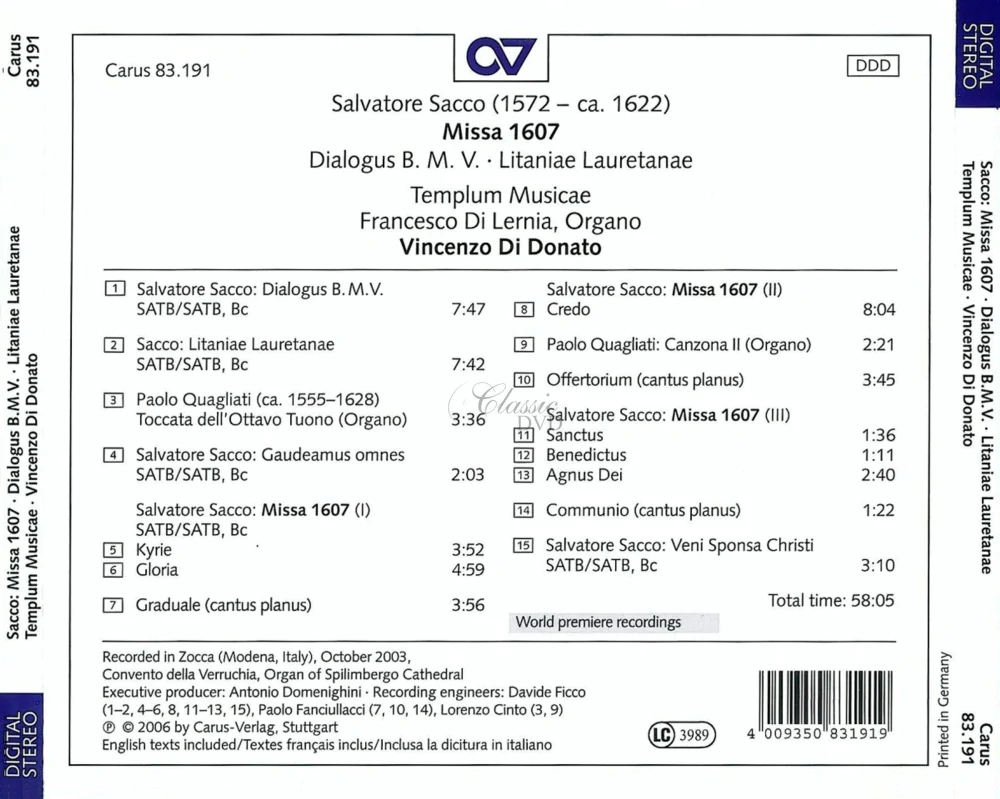 Salvatore Sacco: Missa 1607 (CD)