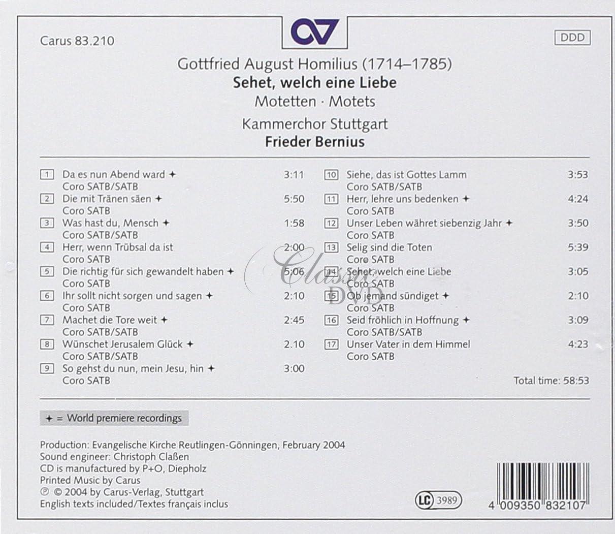 HOMILIUS,G.A.: Sehet, welch eine Liebe - motets (CD)