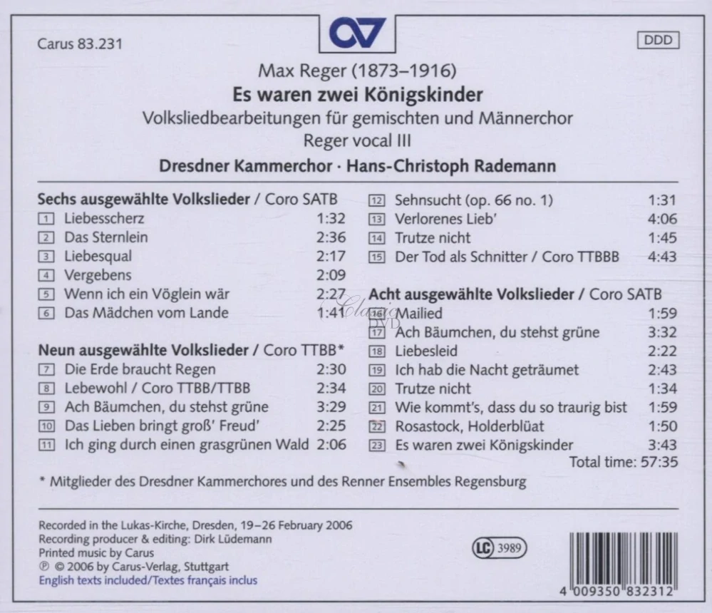 REGER,M.: Es waren zwei Konigskinder - Reger vocal III (CD)