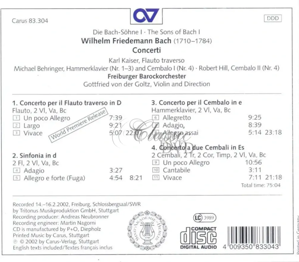 BACH,W.F.: Concerti (CD)