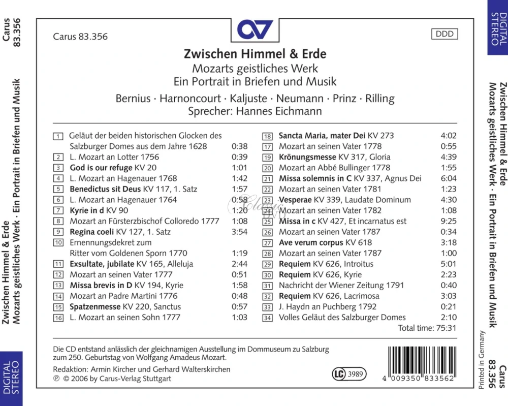 Between Heaven & Earth: Mozart’s Sacred Music - A Portrait in Letters and Music (CD)