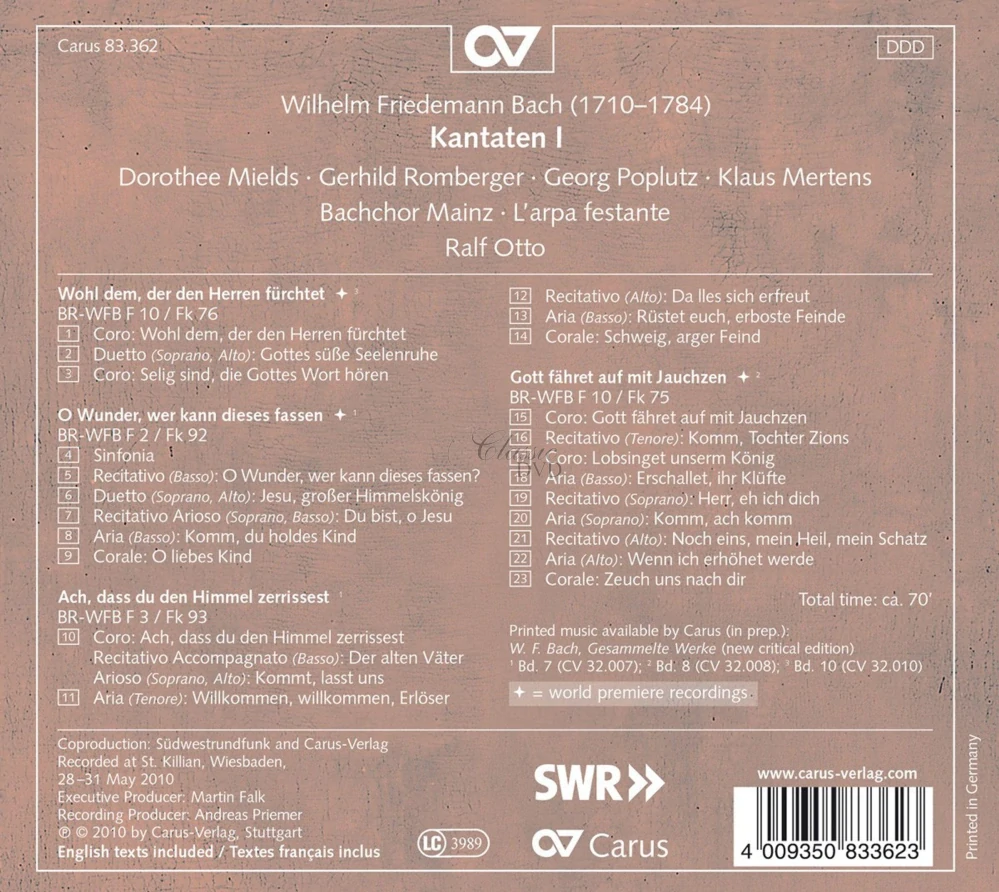 Wilhelm Friedemann Bach.: Cantatas Vol.I (CD)