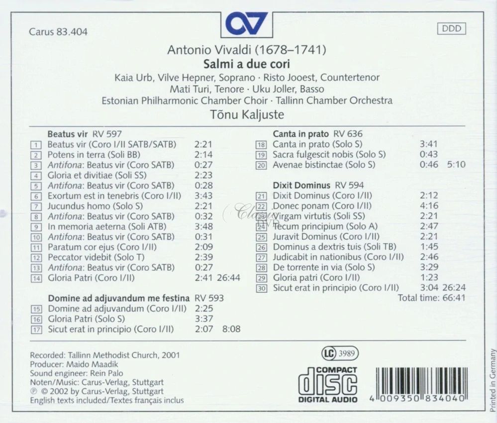 VIVALDI,A.: Salmi a due cori - Choral Music of Vivaldi (CD)