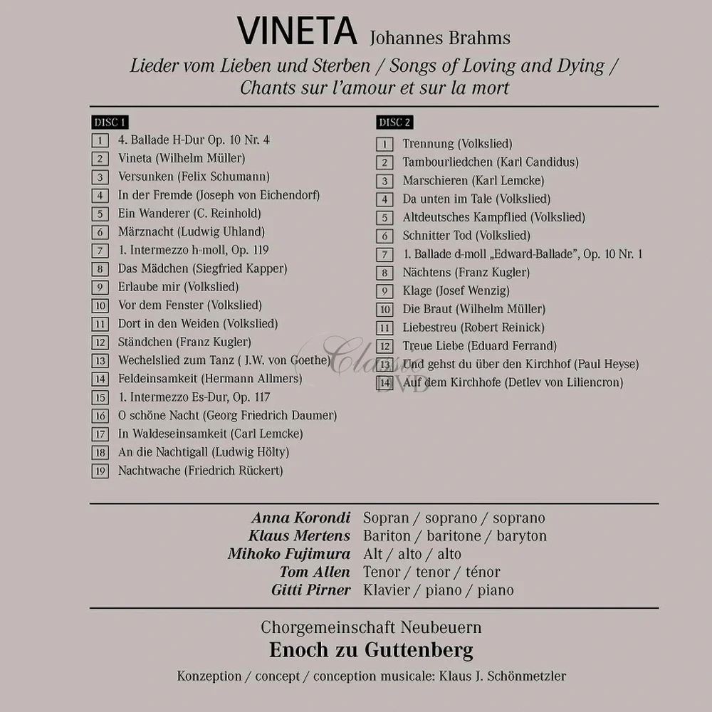 BRAHMS,J.: VINETA Lieder vom Lieben und Sterben (2CD)