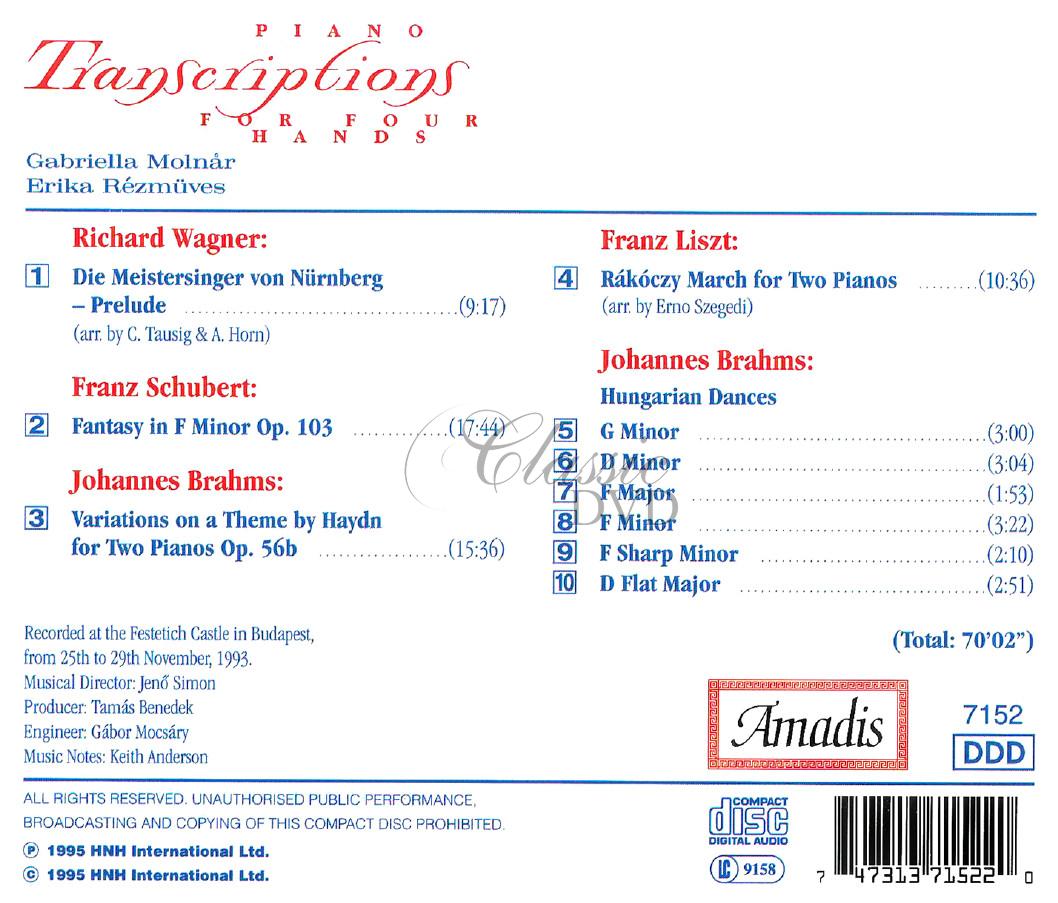 TRANSCRIPTIONS FOR PIANO 4 HANDS (CD)