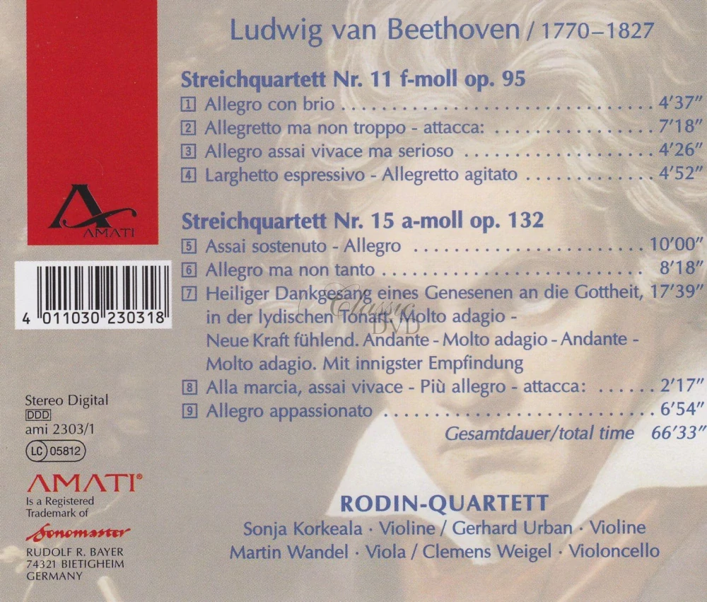 BEETHOVEN,L.V.: String Quartets 11 & 15 (CD)