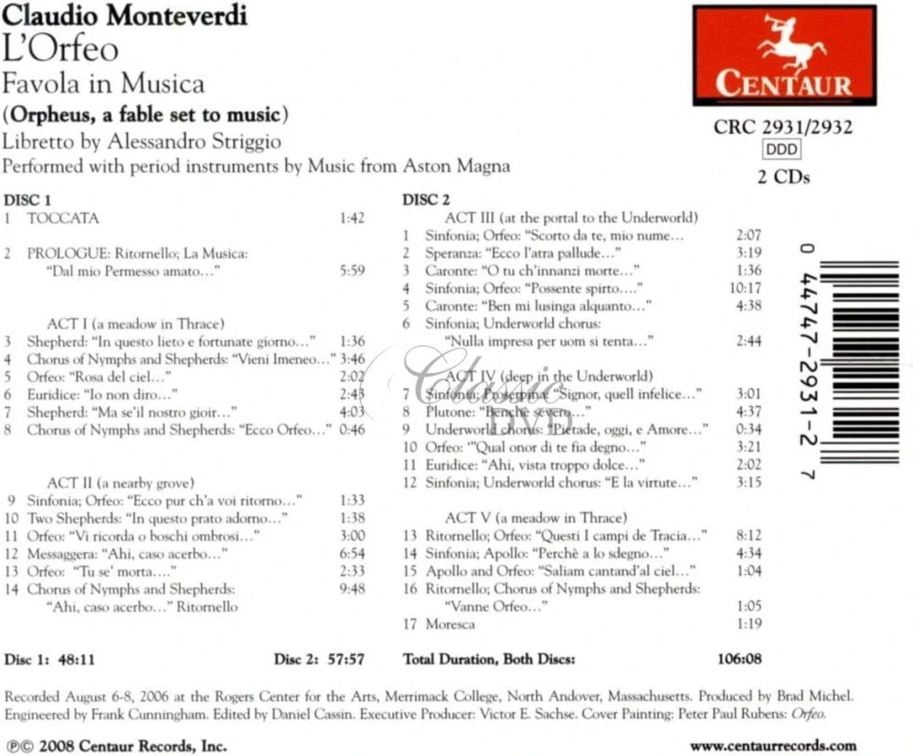 MONTEVERDI,C.: L'Orfeo, Favola In Musica (2CD)