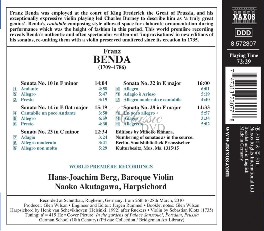 BENDA, F.: Violin Sonatas Nos. 10, 14, 23, 28 and 32 (CD)